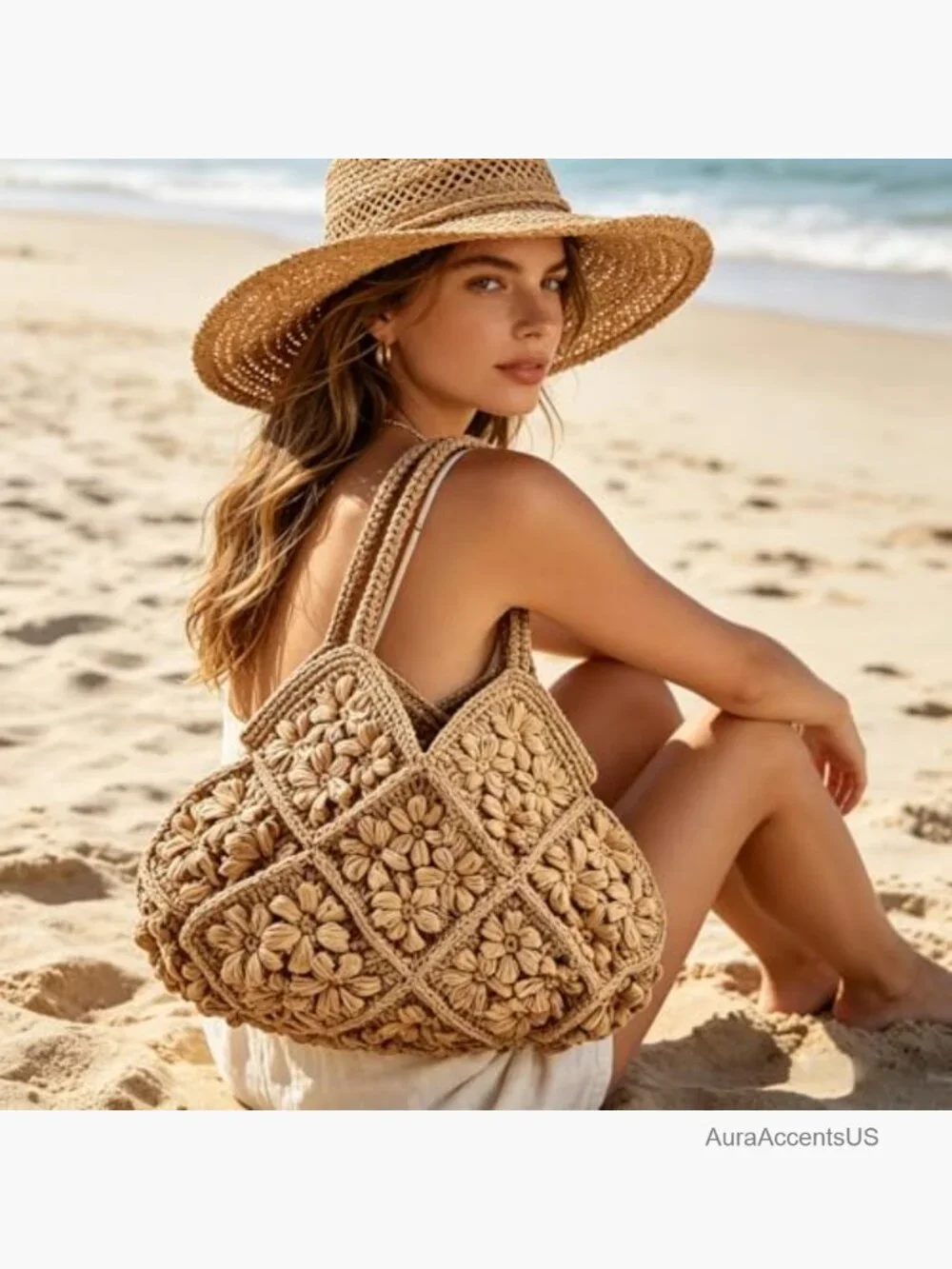 Crochet Floral Panel Hobo Bag in Beige